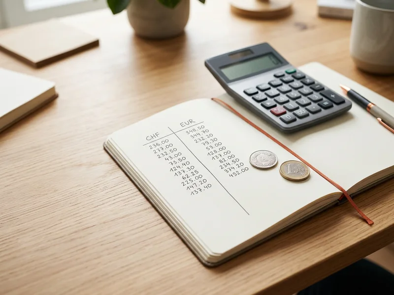Registre fictif à deux colonnes, deux pièces et calculatrice sur un bureau.